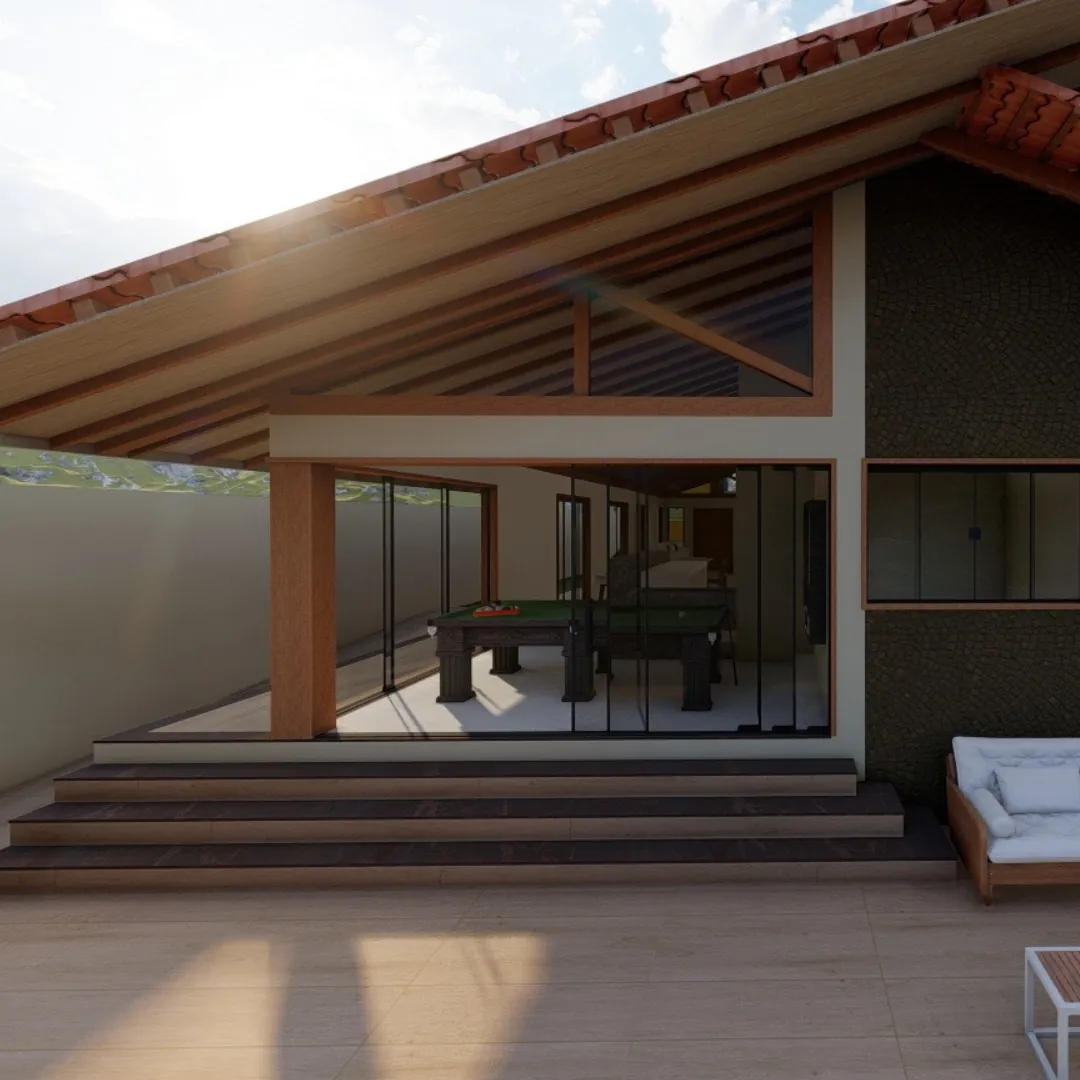 Projeto 3D de casa térrea com telhado aparente de madeira, varanda ampla e deque com escada
