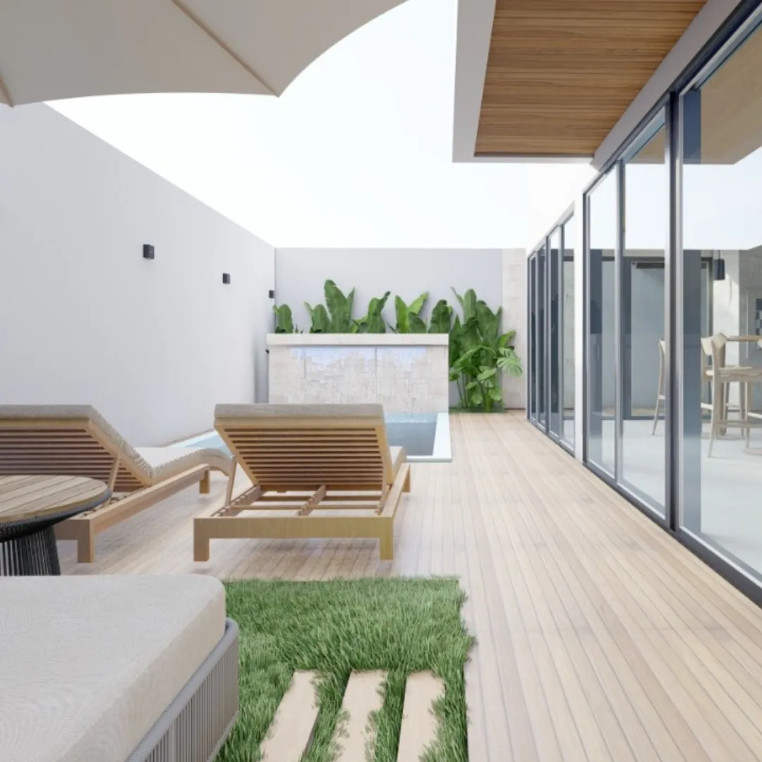 Projeto 3D de área de lazer com deque de madeira, espreguiçadeiras, piscina ao fundo e portas de vidro
